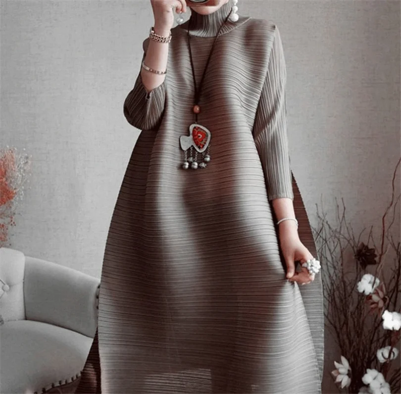 Miyake Pleated Classical Vintage Dress Turtleneck Loose High Fashion Aesthetic Designer Women Abayas Elegant Clothing - Image 6