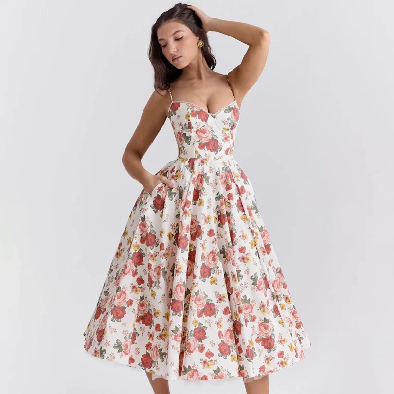 Women's Casual Spaghetti Strap A Line Flowy Midi Dresses Party Evening Gown Backless Elegant Wedding Guest Dress with Pockets - Image 4