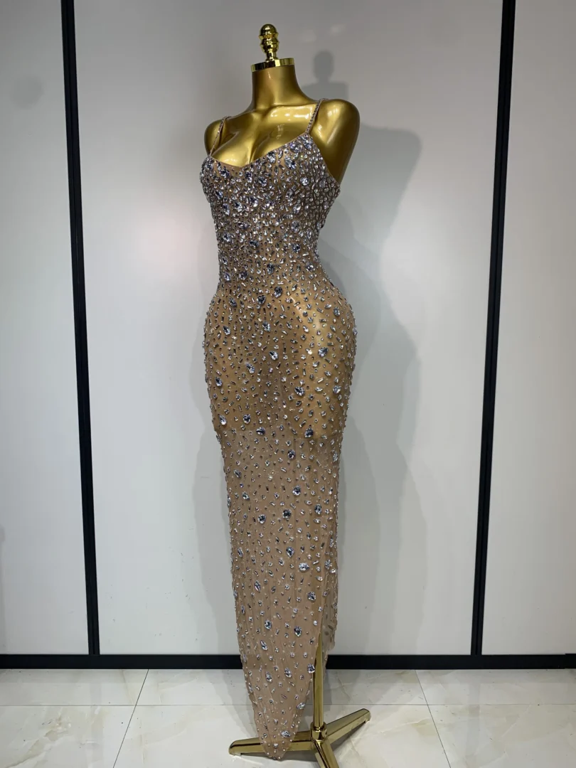 Luxury Rhinestones Sexy Mesh See Through Bodycon Dress Women Birthday Evening Cocktail party Gown Red Carpet Club Stage Outfit - Image 2