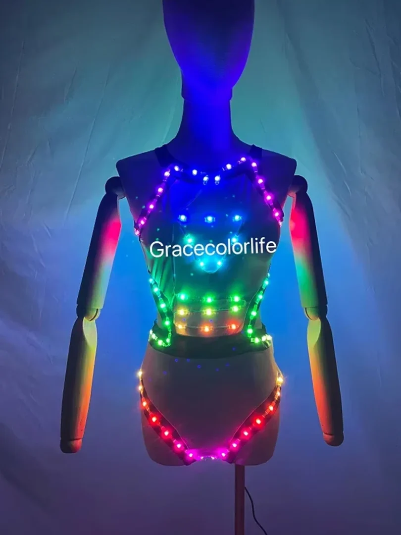 LED Sexy Bikini Bra Glow Dance Bar Nightclub GOGO Singer Performance Clothes Full Color LED Lights Club Dresses - Image 2