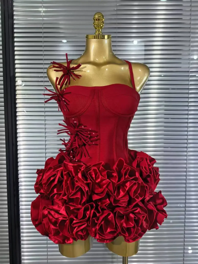 Red Black Women Sexy Halter Full Florals 2 Pieces Bodycon Mini Bandage Dress Celebrate Nightclub Party Birthday Outfit
