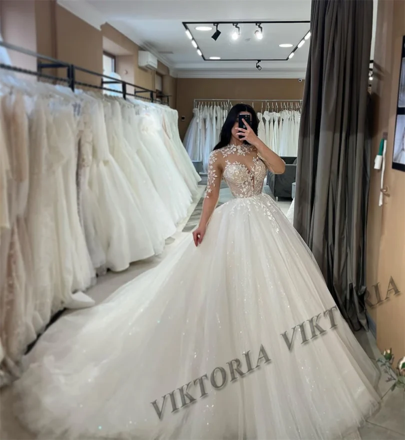 VIKTORIA Princess Shiny Wedding Dresses For Woman Bride Ball Gowns Long Sleeves Tulle Appliques Vestido De Novia Customized - Image 3