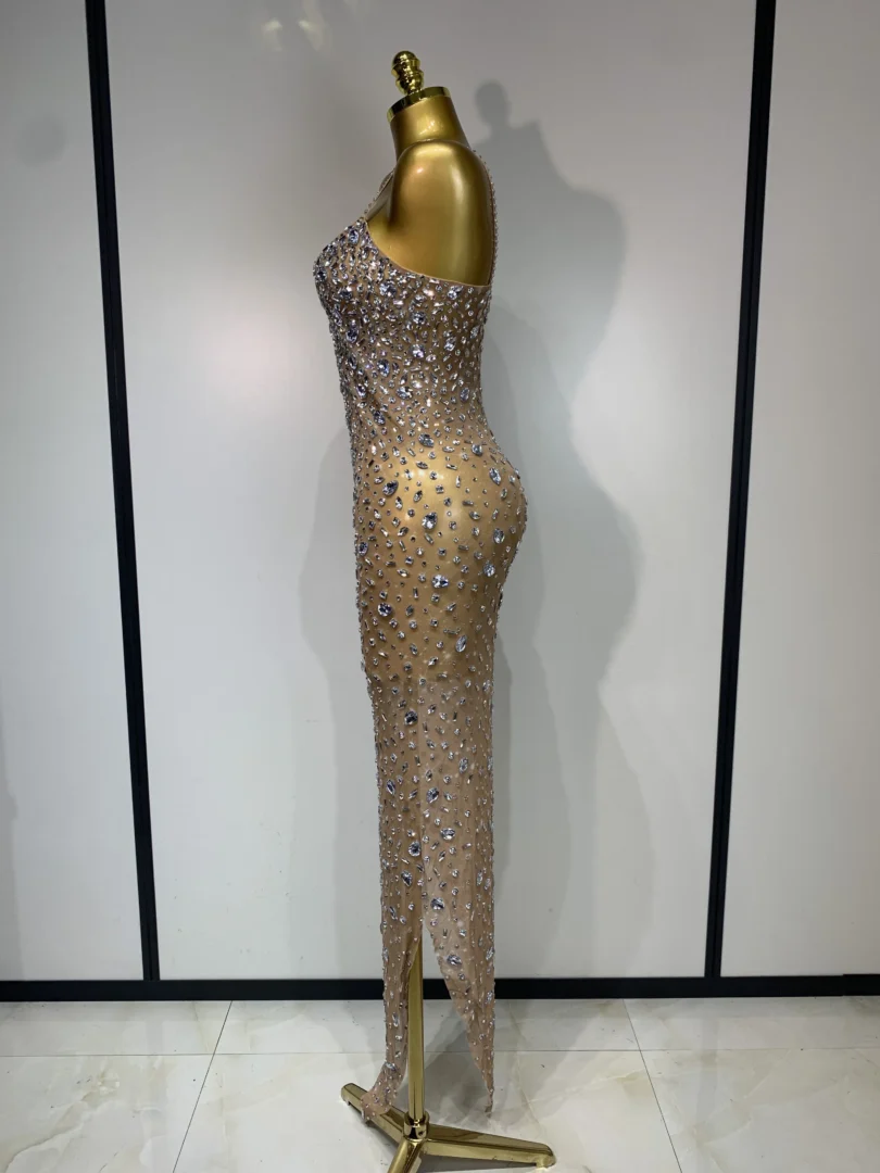 Luxury Rhinestones Sexy Mesh See Through Bodycon Dress Women Birthday Evening Cocktail party Gown Red Carpet Club Stage Outfit - Image 3