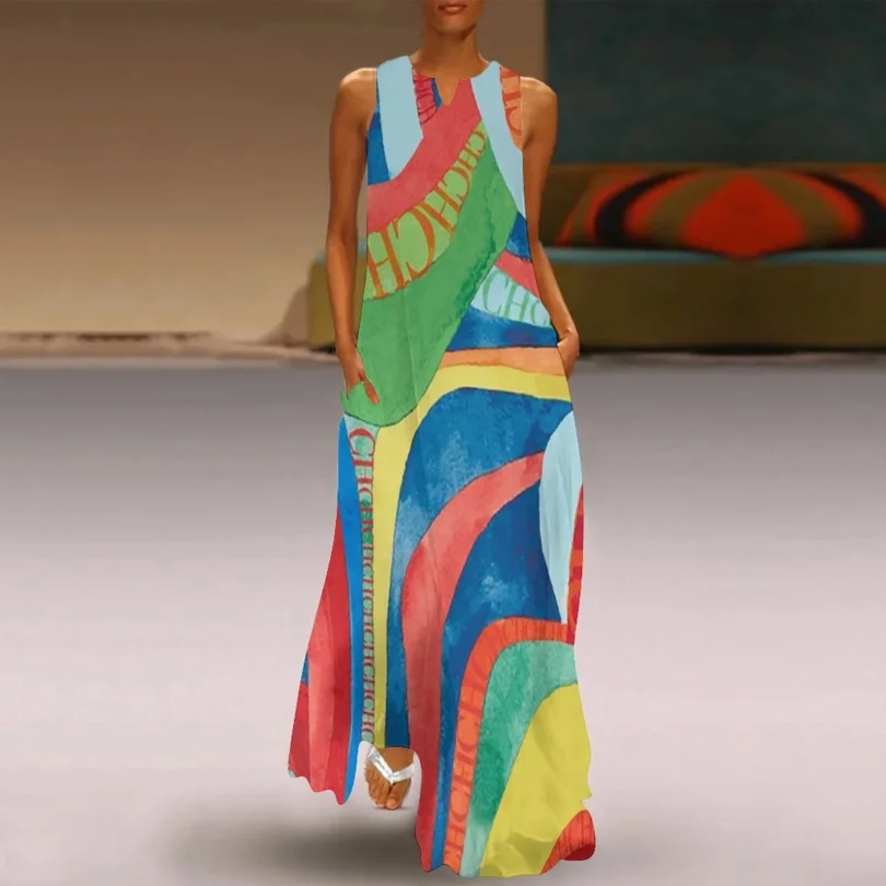 Fashion New Women's Dresses Multicolour Splicing Party Dresses Sleeveless Casual Peplum Women's Dresses - Image 3