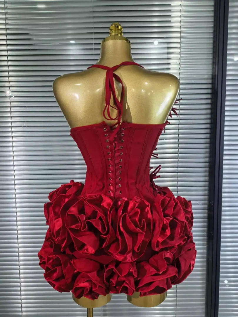 Red Black Women Sexy Halter Full Florals 2 Pieces Bodycon Mini Bandage Dress Celebrate Nightclub Party Birthday Outfit - Image 3