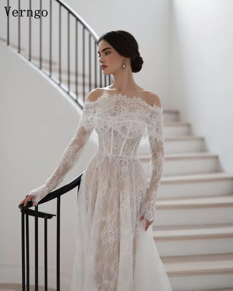 Verngo lvory Lace Wedding Dresses Off The Shoulder Full Sleeves Bridal Gowns Women Sweep Train Bride Dresses Customized - Image 5