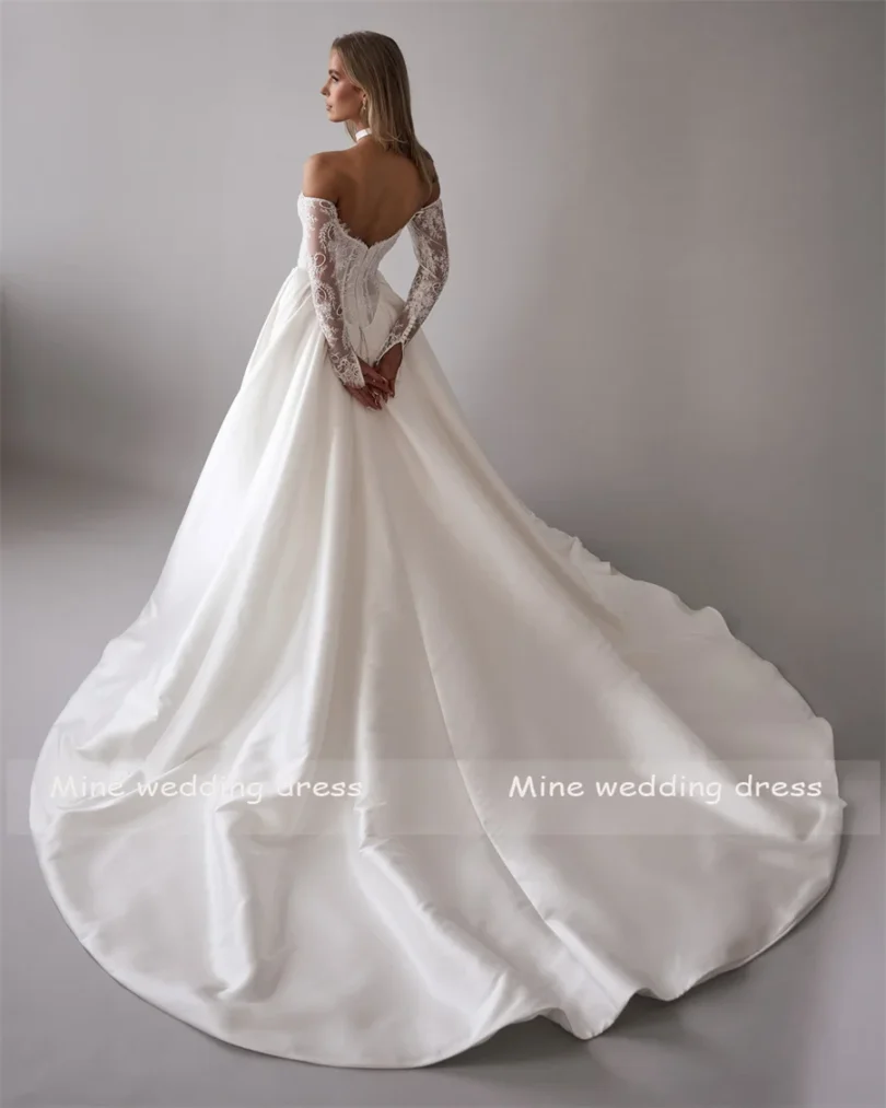 Customized Lace For Sweetheart And 3/4 Sleeve A-Line Satin Skirt Wedding Dress Backless Zipper Bridal Gown robe de mariée - Image 5