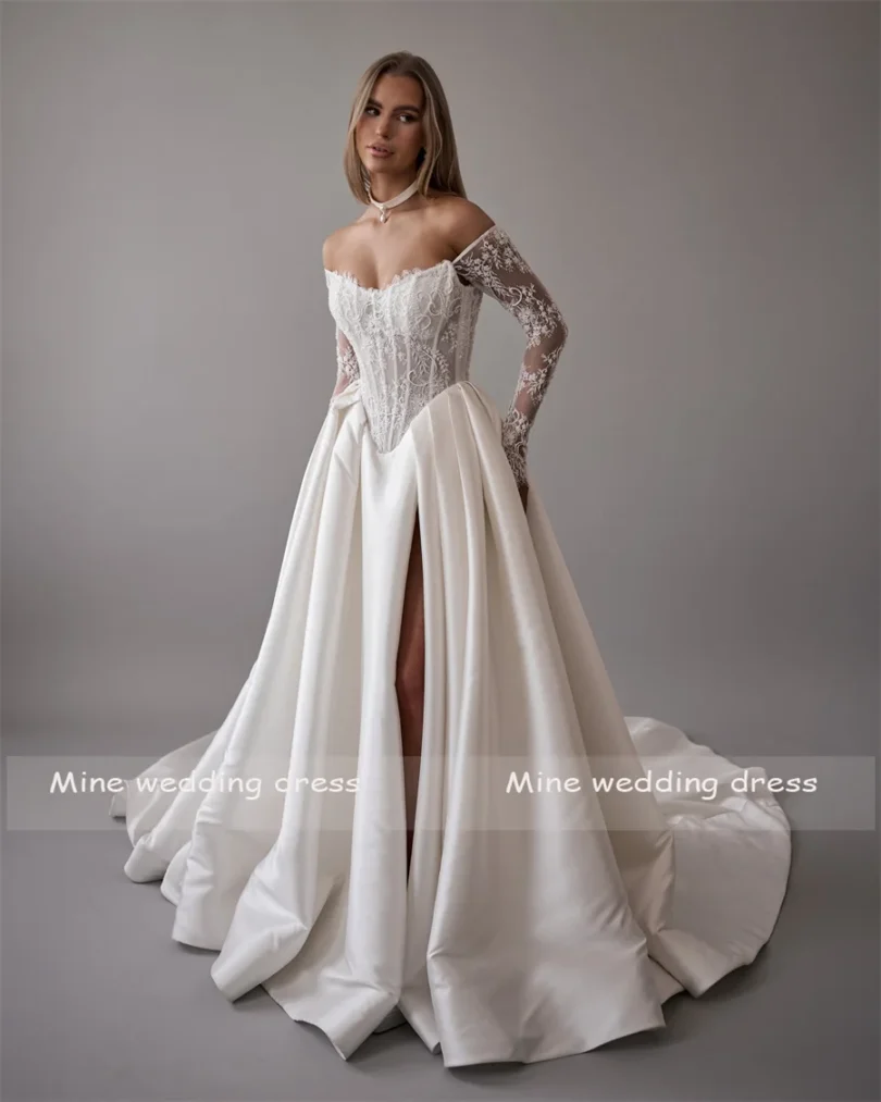 Customized Lace For Sweetheart And 3/4 Sleeve A-Line Satin Skirt Wedding Dress Backless Zipper Bridal Gown robe de mariée - Image 2