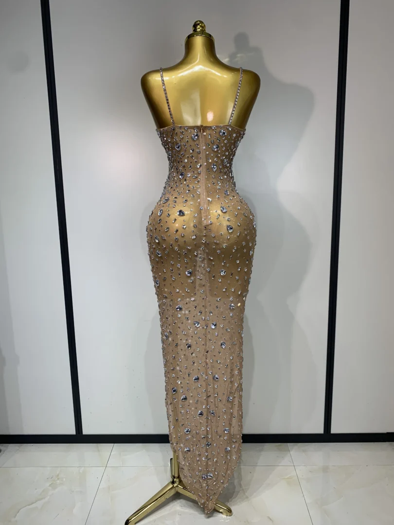 Luxury Rhinestones Sexy Mesh See Through Bodycon Dress Women Birthday Evening Cocktail party Gown Red Carpet Club Stage Outfit - Image 4