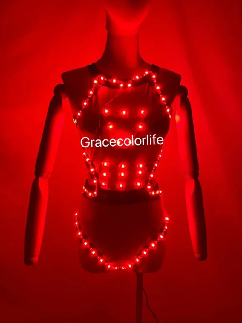 LED Sexy Bikini Bra Glow Dance Bar Nightclub GOGO Singer Performance Clothes Full Color LED Lights Club Dresses