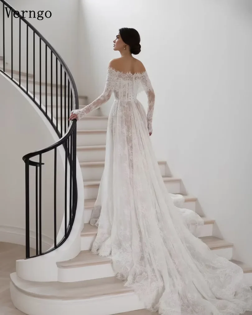 Verngo lvory Lace Wedding Dresses Off The Shoulder Full Sleeves Bridal Gowns Women Sweep Train Bride Dresses Customized - Image 2
