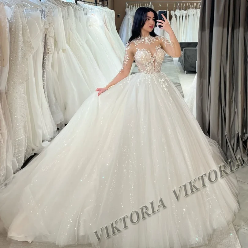 VIKTORIA Princess Shiny Wedding Dresses For Woman Bride Ball Gowns Long Sleeves Tulle Appliques Vestido De Novia Customized