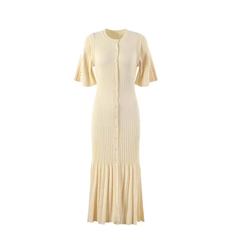 Summer-style fashionable openwork French slimming A-line short-sleeved knitted dress, fishtail long dress for women - Image 4