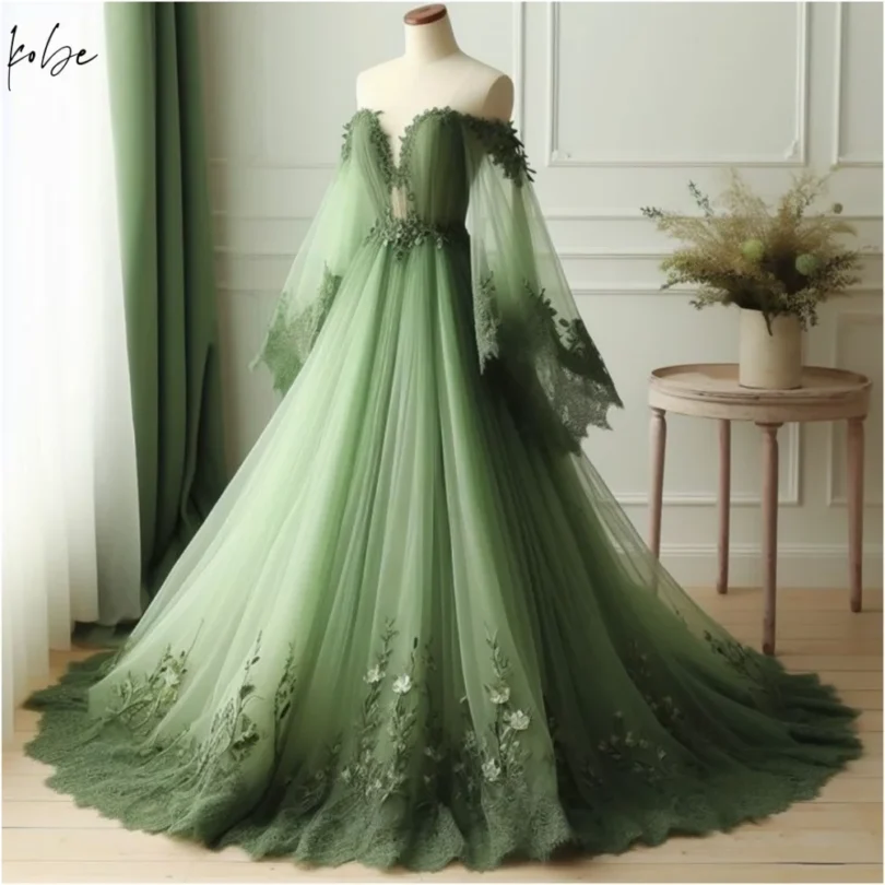 Kobe Embroidery Ball Gown V Neck Prom Dress A-line Floor-Length Wedding Dresses Dreamy Mesh Fabric vestidos de noche Customized