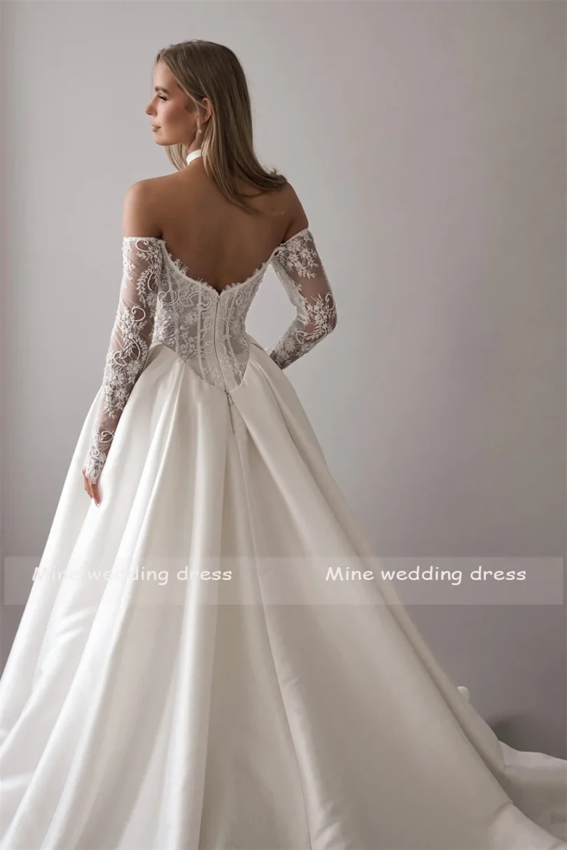 Customized Lace For Sweetheart And 3/4 Sleeve A-Line Satin Skirt Wedding Dress Backless Zipper Bridal Gown robe de mariée - Image 4