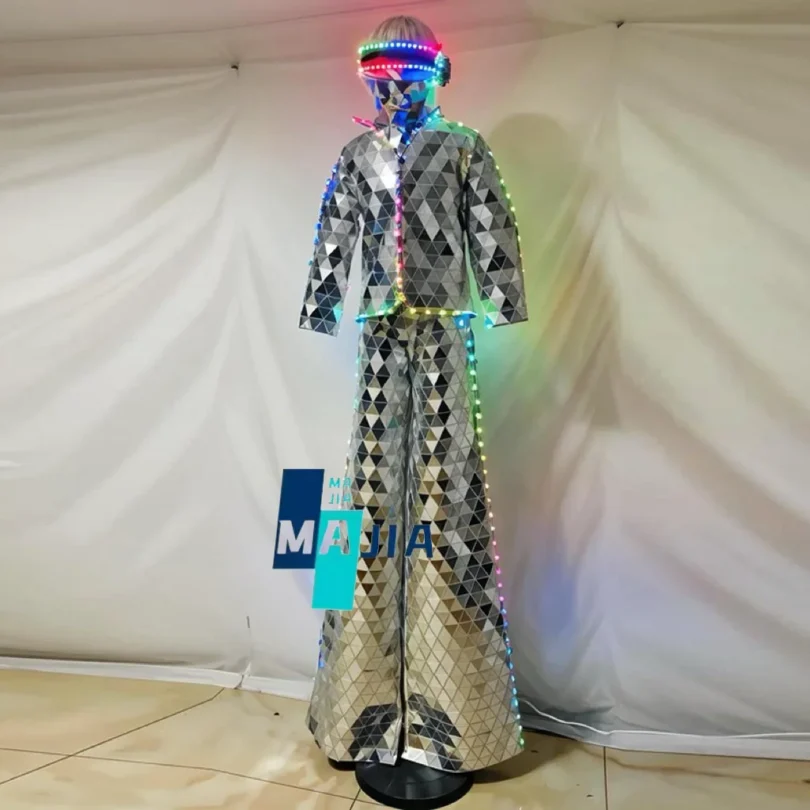 Clothing with LED Hand Sewn LED Stilts Walker Mirror Costumes Man Show Suit Stage Performance Dress Snow new year costume - Image 6