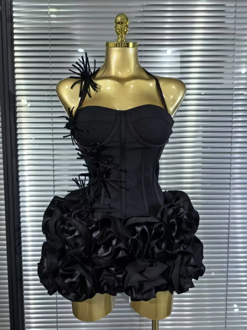 Red Black Women Sexy Halter Full Florals 2 Pieces Bodycon Mini Bandage Dress Celebrate Nightclub Party Birthday Outfit - Image 4