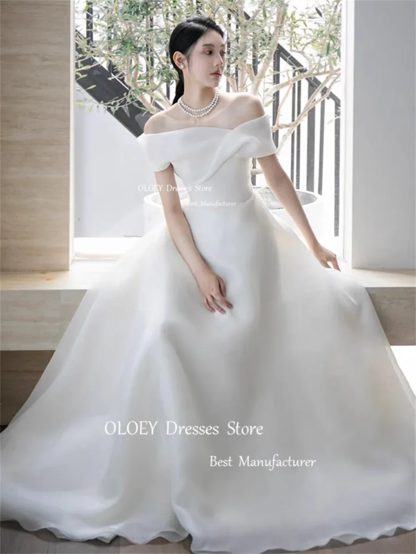 OLOEY Ivory Off Shoulder A Line Wedding Dress Korea Photoshoot Customized Short Sleeves Floor Length Bridal Gown Silky Organza - Image 2