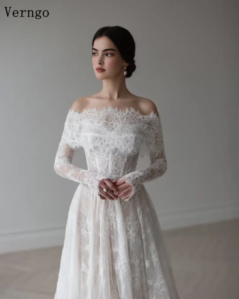 Verngo lvory Lace Wedding Dresses Off The Shoulder Full Sleeves Bridal Gowns Women Sweep Train Bride Dresses Customized - Image 3