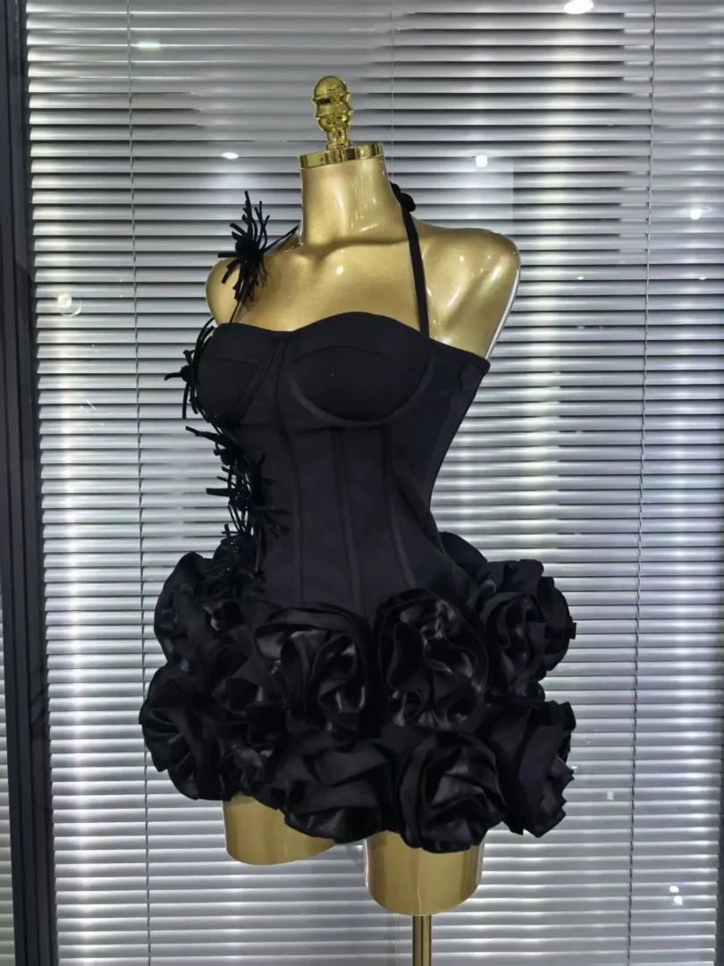 Red Black Women Sexy Halter Full Florals 2 Pieces Bodycon Mini Bandage Dress Celebrate Nightclub Party Birthday Outfit - Image 5