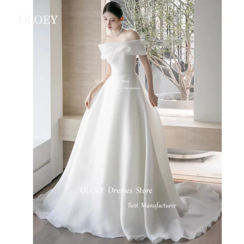 OLOEY Ivory Off Shoulder A Line Wedding Dress Korea Photoshoot Customized Short Sleeves Floor Length Bridal Gown Silky Organza