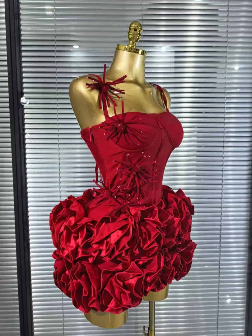 Red Black Women Sexy Halter Full Florals 2 Pieces Bodycon Mini Bandage Dress Celebrate Nightclub Party Birthday Outfit - Image 2