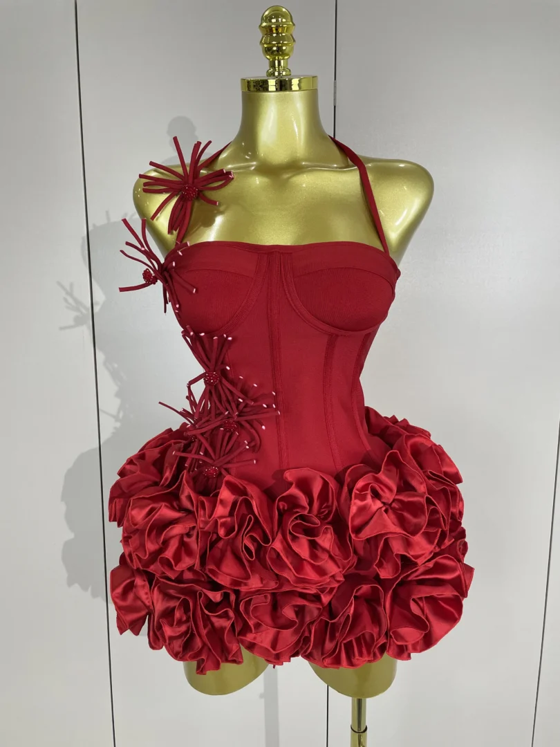 Women Sexy Halter Prom Gown Celebrity Club Two Piece Set Cocktail Elegant Fashion Luxury Birthday Party Red Black Bandage Outfit - Image 4
