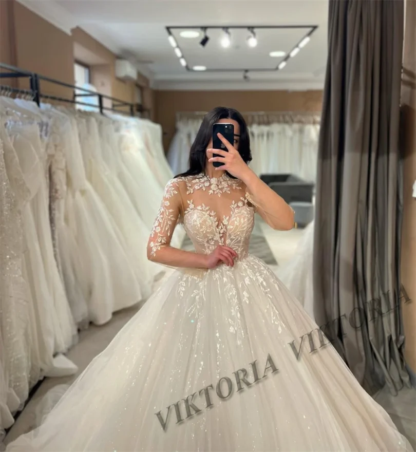 VIKTORIA Princess Shiny Wedding Dresses For Woman Bride Ball Gowns Long Sleeves Tulle Appliques Vestido De Novia Customized - Image 2
