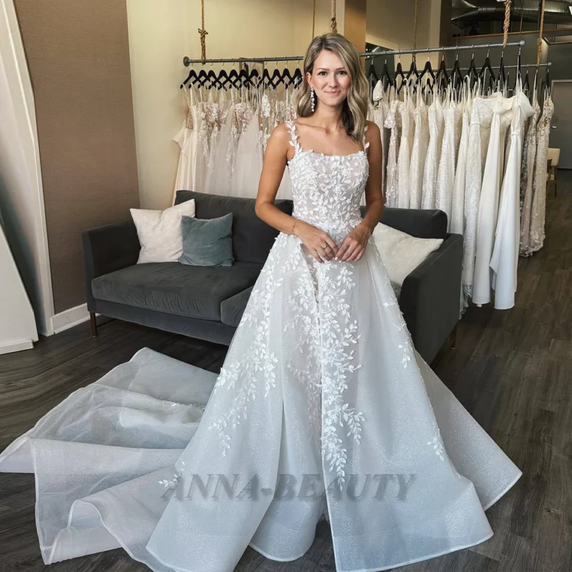 Anna Bling Tulle Wedding Dress for Women Lace Appliques Scoop A-line Sleeveless Lacing up Spaghetti Strap Vestidos Customised