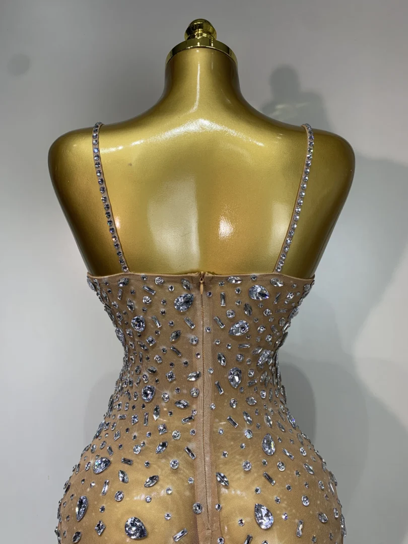 Luxury Rhinestones Sexy Mesh See Through Bodycon Dress Women Birthday Evening Cocktail party Gown Red Carpet Club Stage Outfit - Image 6