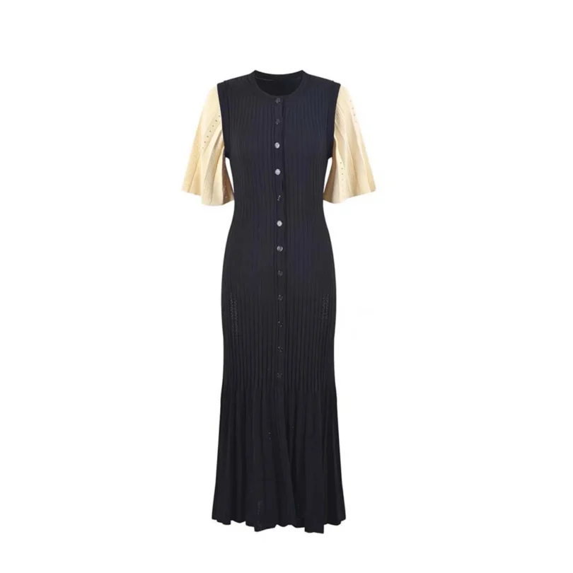 Summer-style fashionable openwork French slimming A-line short-sleeved knitted dress, fishtail long dress for women - Image 3