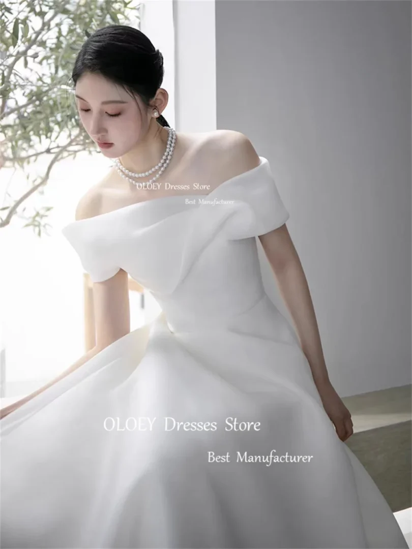 OLOEY Ivory Off Shoulder A Line Wedding Dress Korea Photoshoot Customized Short Sleeves Floor Length Bridal Gown Silky Organza - Image 4