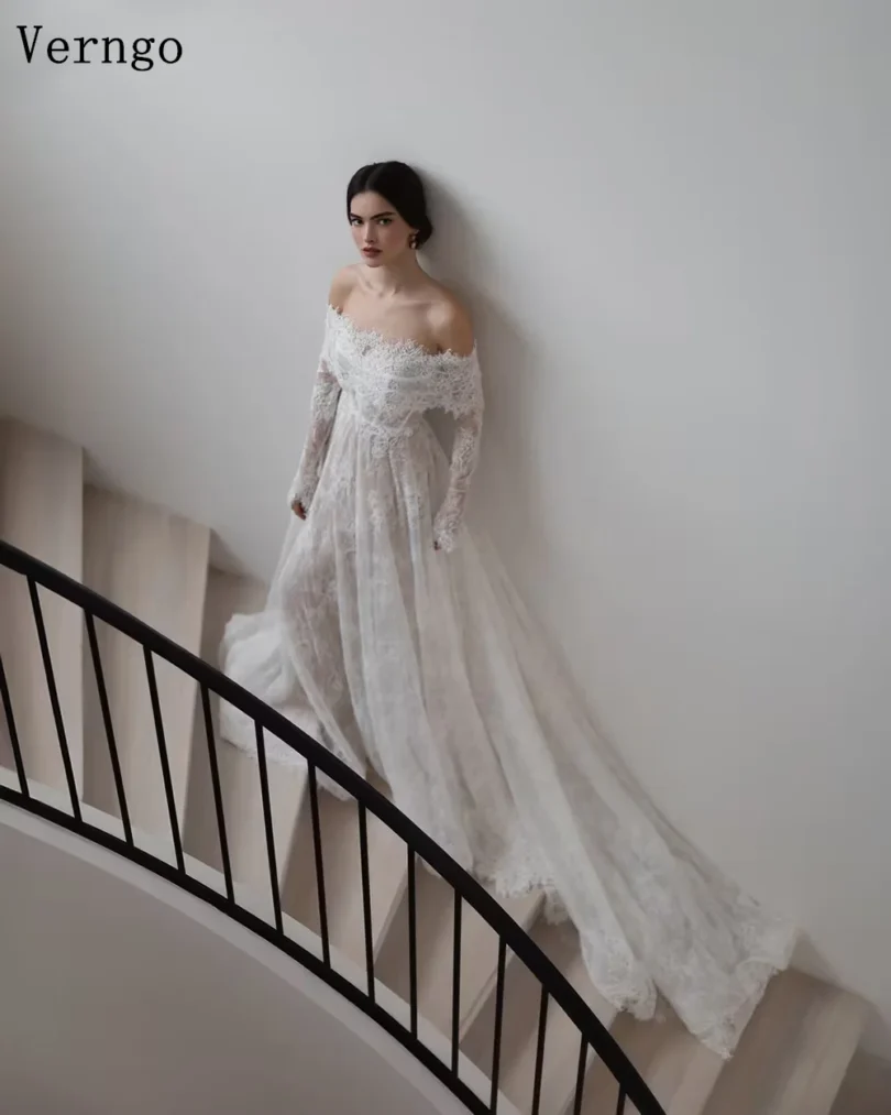 Verngo lvory Lace Wedding Dresses Off The Shoulder Full Sleeves Bridal Gowns Women Sweep Train Bride Dresses Customized - Image 4
