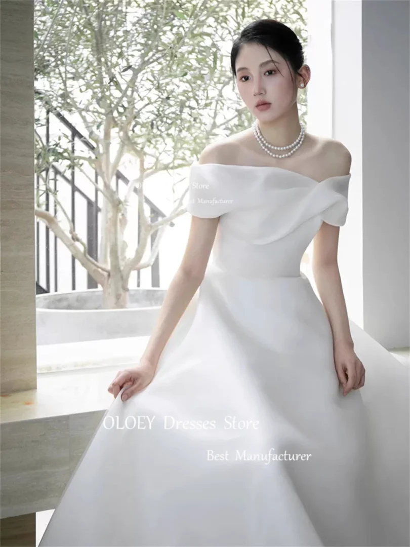 OLOEY Ivory Off Shoulder A Line Wedding Dress Korea Photoshoot Customized Short Sleeves Floor Length Bridal Gown Silky Organza - Image 3