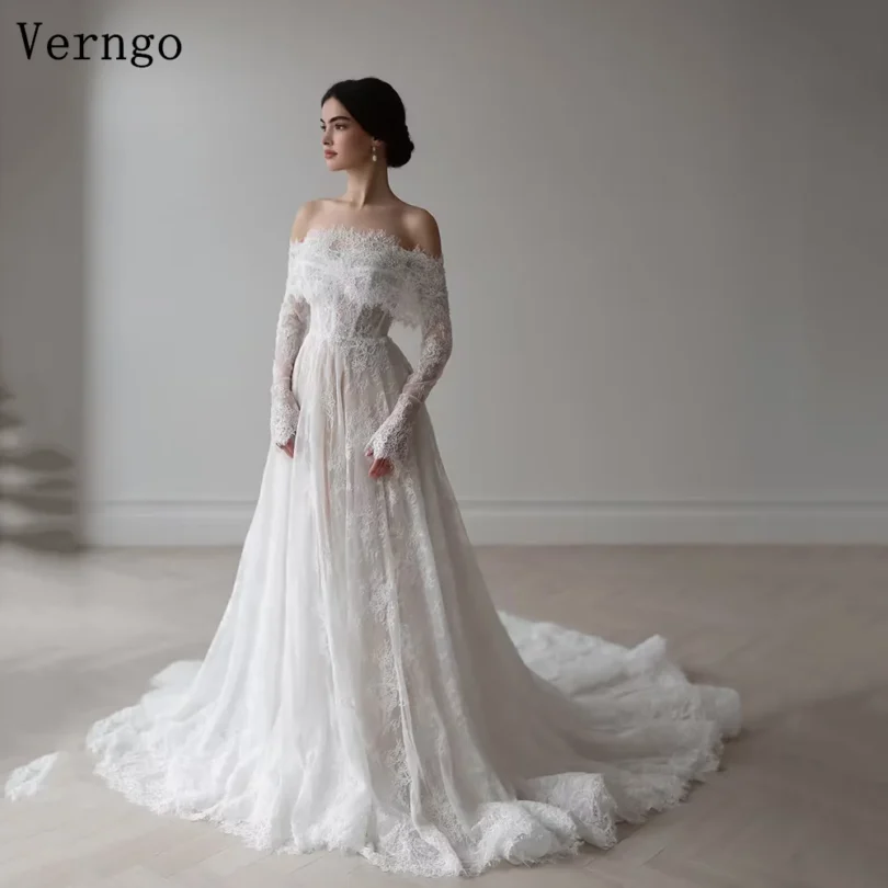 Verngo lvory Lace Wedding Dresses Off The Shoulder Full Sleeves Bridal Gowns Women Sweep Train Bride Dresses Customized